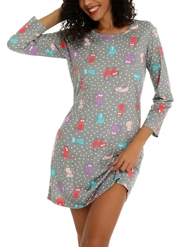 ENJOYNIGHT Nachthemd Damen Langarm Baumwolle Schlafshirt Print Sleepshirt Frauen Nachtwäsche Nachtkleid(Medium,Graue Katze) von ENJOYNIGHT