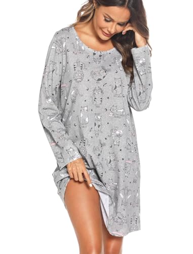 ENJOYNIGHT Nachthemd Damen Langarm Baumwolle Schlafshirt Print Sleepshirt Frauen Nachtwäsche Nachtkleid(Medium,Katze2) von ENJOYNIGHT