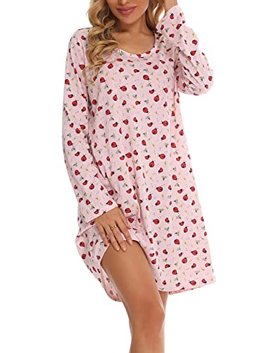 ENJOYNIGHT Nachthemd Damen Langarm Baumwolle Schlafshirt Print Sleepshirt Frauen Nachtwäsche Nachtkleid(Medium,Rosa Marienkäfer) von ENJOYNIGHT