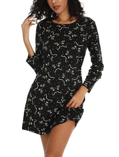 ENJOYNIGHT Nachthemd Damen Langarm Baumwolle Schlafshirt Print Sleepshirt Frauen Nachtwäsche Nachtkleid(Medium,Schwarze Katze) von ENJOYNIGHT