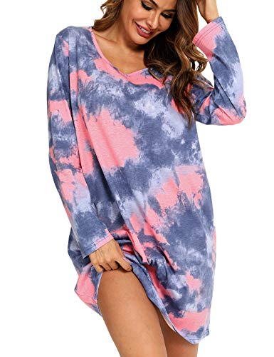 ENJOYNIGHT Nachthemd Damen Langarm Baumwolle Schlafshirt Print Sleepshirt Frauen Nachtwäsche Nachtkleid(Small,Blau Rosa) von ENJOYNIGHT