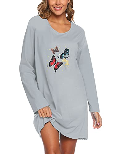 ENJOYNIGHT Nachthemd Damen Langarm Baumwolle Schlafshirt Print Sleepshirt Frauen Nachtwäsche Nachtkleid(Small,Fliegend) von ENJOYNIGHT