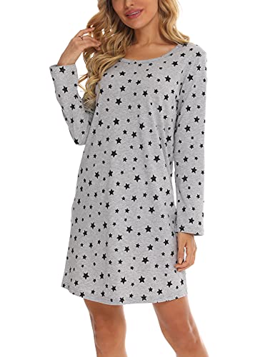 ENJOYNIGHT Nachthemd Damen Langarm Baumwolle Schlafshirt Print Sleepshirt Frauen Nachtwäsche Nachtkleid(Small,Grauer Stern) von ENJOYNIGHT