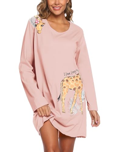 ENJOYNIGHT Nachthemd Damen Langarm Baumwolle Schlafshirt Print Sleepshirt Frauen Nachtwäsche Nachtkleid(Small,Rosa Giraffe) von ENJOYNIGHT