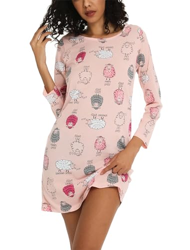 ENJOYNIGHT Nachthemd Damen Langarm Baumwolle Schlafshirt Print Sleepshirt Frauen Nachtwäsche Nachtkleid(Small,Rosa Schaf) von ENJOYNIGHT