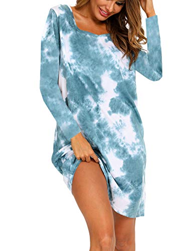 ENJOYNIGHT Nachthemd Damen Langarm Baumwolle Schlafshirt Print Sleepshirt Frauen Nachtwäsche Nachtkleid(X-Large,Dunkelgrün) von ENJOYNIGHT