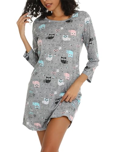 ENJOYNIGHT Nachthemd Damen Langarm Baumwolle Schlafshirt Print Sleepshirt Frauen Nachtwäsche Nachtkleid(X-Large,Graue Eule) von ENJOYNIGHT