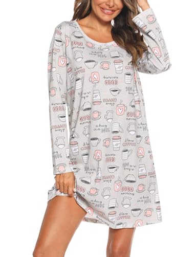 ENJOYNIGHT Nachthemd Damen Langarm Baumwolle Schlafshirt Print Sleepshirt Frauen Nachtwäsche Nachtkleid(X-Large,Graue Kaffeetasse) von ENJOYNIGHT