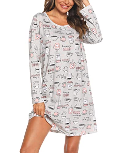 ENJOYNIGHT Nachthemd Damen Langarm Baumwolle Schlafshirt Print Sleepshirt Frauen Nachtwäsche Nachtkleid(X-Large,Graue Kaffeetasse) von ENJOYNIGHT