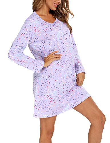 ENJOYNIGHT Nachthemd Damen Langarm Baumwolle Schlafshirt Print Sleepshirt Frauen Nachtwäsche Nachtkleid(X-Large,Lila) von ENJOYNIGHT