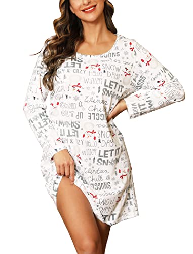 ENJOYNIGHT Nachthemd Damen Langarm Baumwolle Schlafshirt Print Sleepshirt Frauen Nachtwäsche Nachtkleid(X-Large,Weißer Schnee) von ENJOYNIGHT