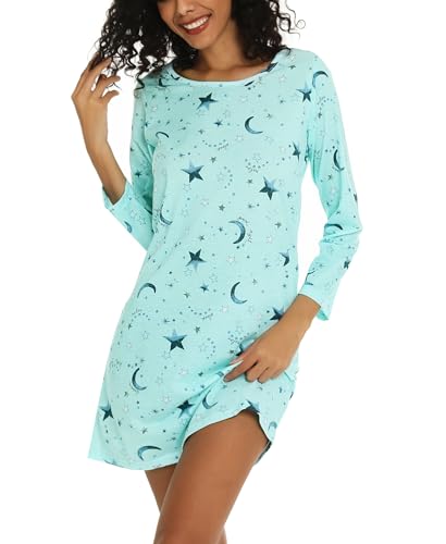 ENJOYNIGHT Nachthemd Damen Langarm Baumwolle Schlafshirt Print Sleepshirt Frauen Nachtwäsche Nachtkleid(X-Large,Stern) von ENJOYNIGHT