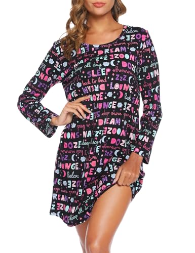 ENJOYNIGHT Nachthemd Damen Langarm Baumwolle Schlafshirt Print Sleepshirt Frauen Nachtwäsche Nachtkleid(XX-Large,ABC) von ENJOYNIGHT