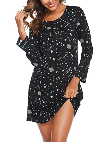 ENJOYNIGHT Nachthemd Damen Langarm Baumwolle Schlafshirt Print Sleepshirt Frauen Nachtwäsche Nachtkleid(XX-Large,Schwarzer Mondstern) von ENJOYNIGHT