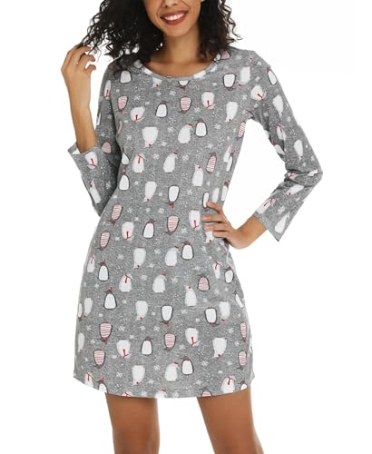 ENJOYNIGHT Nachthemd Damen Langarm Baumwolle Schlafshirt Print Sleepshirt Frauen Nachtwäsche Nachtkleid(XX-Large,Grau Pinguin) von ENJOYNIGHT