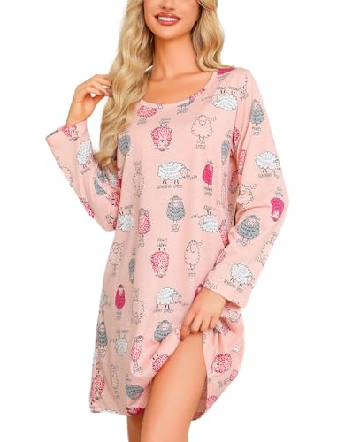 ENJOYNIGHT Nachthemd Damen Langarm Baumwolle Schlafshirt Print Sleepshirt Frauen Nachtwäsche Nachtkleid(XX-Large,Rosa Schaf) von ENJOYNIGHT