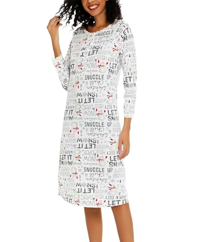 ENJOYNIGHT Nachthemd Damen Langarm Baumwolle Schlafshirt Knopfleiste Sleepshirt Weich Nachtwäsche (Medium,Weißer Schnee) von ENJOYNIGHT