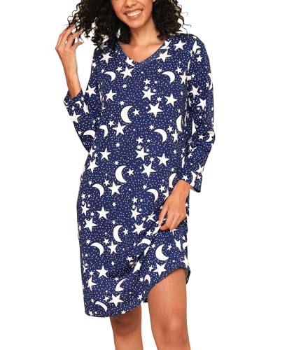 ENJOYNIGHT Nachthemd Damen Langarm V-Ausschnitt Baumwolle Schlafshirt Frauen Weiche Schlafhemd Nachtwäsche mit Taschen (3X-Large,Blauer Stern) von ENJOYNIGHT
