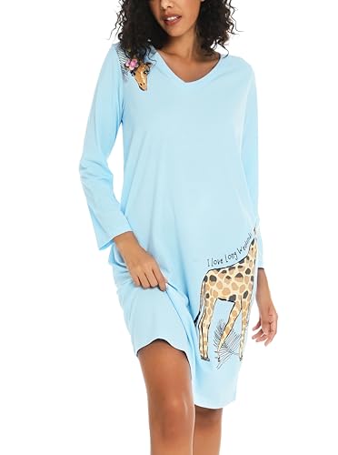ENJOYNIGHT Nachthemd Damen Langarm V-Ausschnitt Baumwolle Schlafshirt Frauen Weiche Schlafhemd Nachtwäsche mit Taschen (Large,Blau) von ENJOYNIGHT