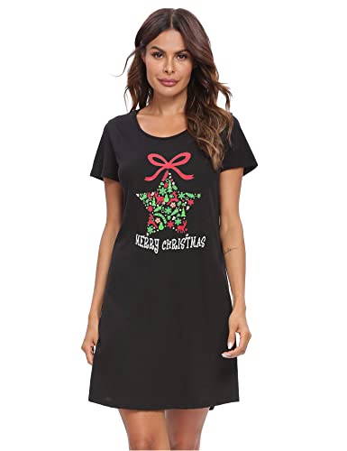 ENJOYNIGHT Nachthemd Damen Sommer Baumwolle Schlafshirt Printed Kurzarm Sleepshirt T-Shirt Schlafhemd Frauen Nachtwäsche Nachtkleid(3X-Large,Weihnachten) von ENJOYNIGHT