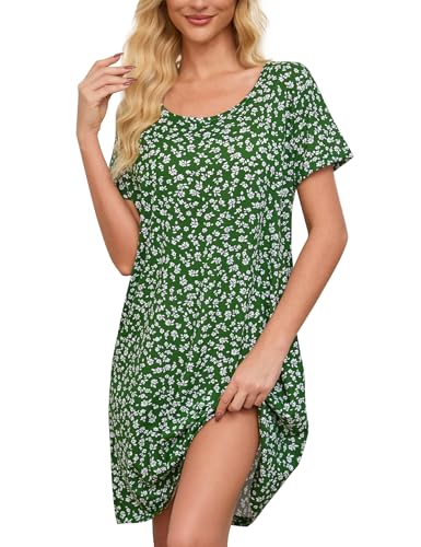 ENJOYNIGHT Nachthemd Damen Sommer Baumwolle Schlafshirt Printed Kurzarm Sleepshirt T-Shirt Schlafhemd Frauen Nachtwäsche Nachtkleid(Large,Grüne Blume) von ENJOYNIGHT