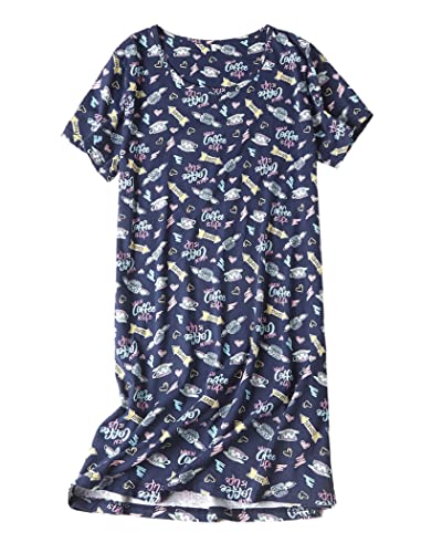 ENJOYNIGHT Nachthemd Damen Sommer Baumwolle Schlafshirt Printed Kurzarm Sleepshirt T-Shirt Schlafhemd Frauen Nachtwäsche Nachtkleid(Large-X-Large,Blauer Kaffee) von ENJOYNIGHT