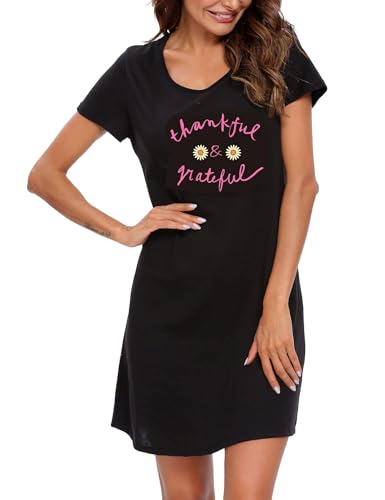 ENJOYNIGHT Nachthemd Damen Sommer Baumwolle Schlafshirt Printed Kurzarm Sleepshirt T-Shirt Schlafhemd Frauen Nachtwäsche Nachtkleid(Medium,Schwarze-Blume) von ENJOYNIGHT