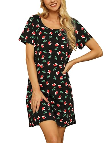 ENJOYNIGHT Nachthemd Damen Sommer Baumwolle Schlafshirt Printed Kurzarm Sleepshirt T-Shirt Schlafhemd Frauen Nachtwäsche Nachtkleid(X-Large,Hut) von ENJOYNIGHT
