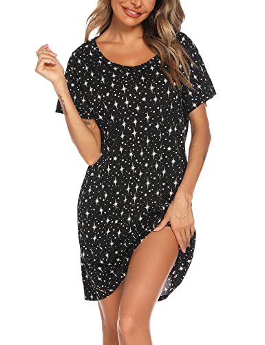 ENJOYNIGHT Nachthemd Damen Sommer Baumwolle Schlafshirt Printed Kurzarm Sleepshirt T-Shirt Schlafhemd Frauen Nachtwäsche Nachtkleid(XX-Large,Schwarz Stern) von ENJOYNIGHT