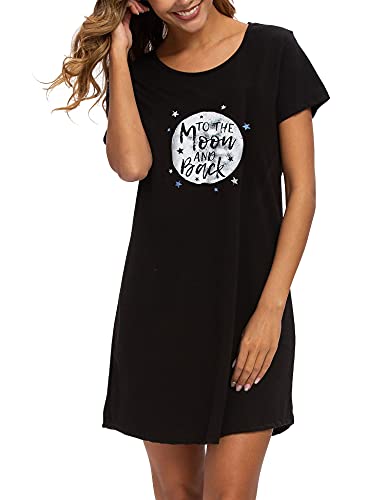 ENJOYNIGHT Nachthemd Damen Sommer Baumwolle Schlafshirt Printed Kurzarm Sleepshirt T-Shirt Schlafhemd Frauen Nachtwäsche Nachtkleid(XX-Large,Schwarzer Mond) von ENJOYNIGHT