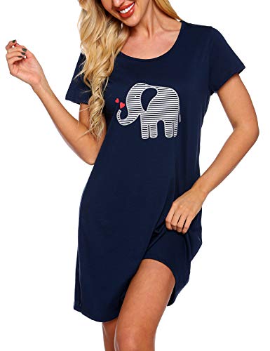 ENJOYNIGHT Nachthemd Damen Sommer Baumwolle Schlafshirt Printed Kurzarm Sleepshirt T-Shirt Schlafhemd Frauen Nachtwäsche Nachtkleid(Large-X-Large,Dunkelblau) von ENJOYNIGHT