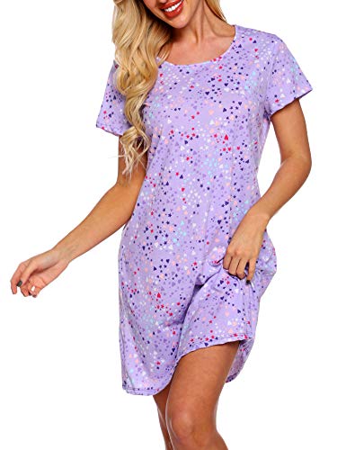 ENJOYNIGHT Nachthemd Damen Sommer Baumwolle Schlafshirt Printed Kurzarm Sleepshirt T-Shirt Schlafhemd Frauen Nachtwäsche Nachtkleid(Small-Medium,Lila) von ENJOYNIGHT