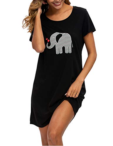 ENJOYNIGHT Nachthemd Damen Sommer Baumwolle Schlafshirt Printed Kurzarm Sleepshirt T-Shirt Schlafhemd Frauen Nachtwäsche Nachtkleid(Small-Medium,Schwarz) von ENJOYNIGHT