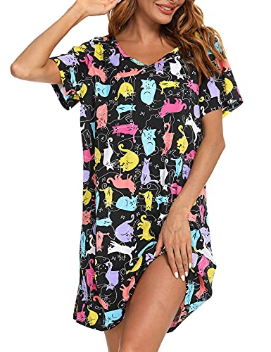 ENJOYNIGHT Nachthemd Damen Sommer Baumwolle Schlafshirt Printed Kurzarm Sleepshirt T-Shirt Schlafhemd Frauen Nachtwäsche Nachtkleid(XX-Large,Farben Katze) von ENJOYNIGHT