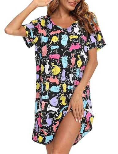 ENJOYNIGHT Nachthemd Damen Sommer Baumwolle Schlafshirt Printed Kurzarm Sleepshirt T-Shirt Schlafhemd Frauen Nachtwäsche Nachtkleid(X-Large,Farben Katze) von ENJOYNIGHT