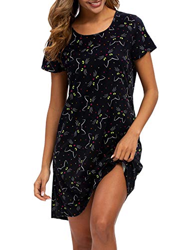 ENJOYNIGHT Nachthemd Damen Sommer Baumwolle Schlafshirt Printed Kurzarm Sleepshirt T-Shirt Schlafhemd Frauen Nachtwäsche Nachtkleid(XX-Large,Schwarze Katze) von ENJOYNIGHT