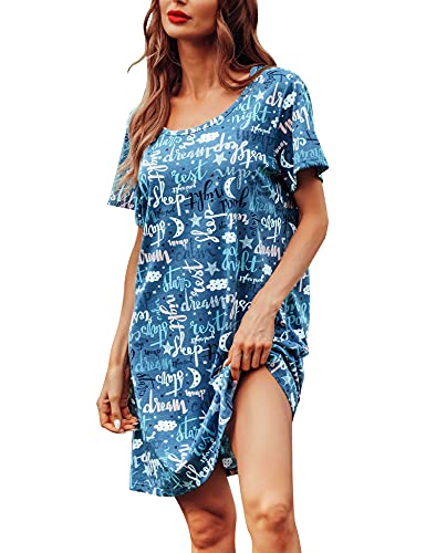 ENJOYNIGHT Damen Nachthemd Baumwolle Kurzarm Schlafhemd T-Shirt Schlafshirt Sommer Nachtwäsche für Lounge (Large-X-Large,Blau) von ENJOYNIGHT