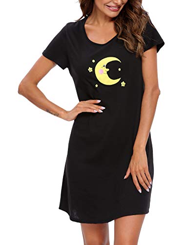 ENJOYNIGHT Damen Nachthemd Baumwolle Kurzarm Schlafhemd T-Shirt Schlafshirt Sommer Nachtwäsche für Lounge (Large-X-Large,schwarz) von ENJOYNIGHT