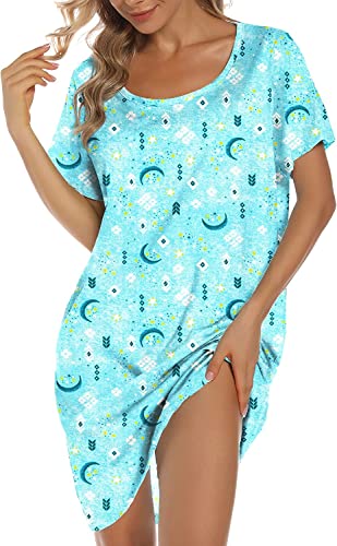 ENJOYNIGHT Damen Nachthemd Baumwolle Kurzarm Schlafhemd T-Shirt Schlafshirt Sommer Nachtwäsche für Lounge (Small-Medium,Blau Mond) von ENJOYNIGHT