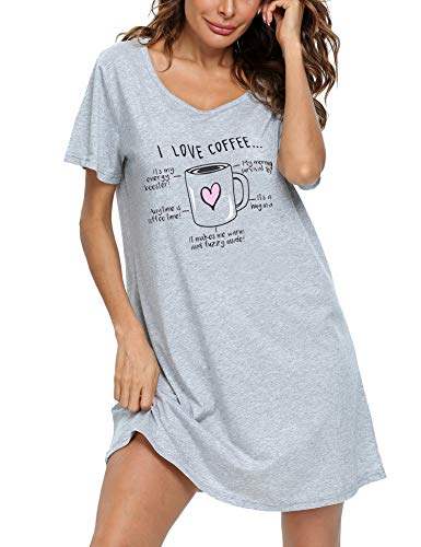 ENJOYNIGHT Damen Nachthemd Baumwolle Kurzarm Schlafhemd T-Shirt Schlafshirt Sommer Nachtwäsche für Lounge (Small-Medium,Graue Herztasse) von ENJOYNIGHT