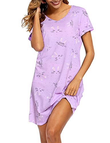 ENJOYNIGHT Damen Nachthemd Baumwolle Kurzarm Schlafhemd T-Shirt Schlafshirt Sommer Nachtwäsche für Lounge (XX-Large,Kaninchen) von ENJOYNIGHT
