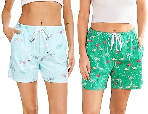 ENJOYNIGHT Pyjamahose Damen Kurz Schlafanzughose Baumwolle Schlafhose Sommer Schlafshorts mit Taschen und Kordelzug (X-Large,Blau-Schmetterling+Grün-Flamingo) von ENJOYNIGHT