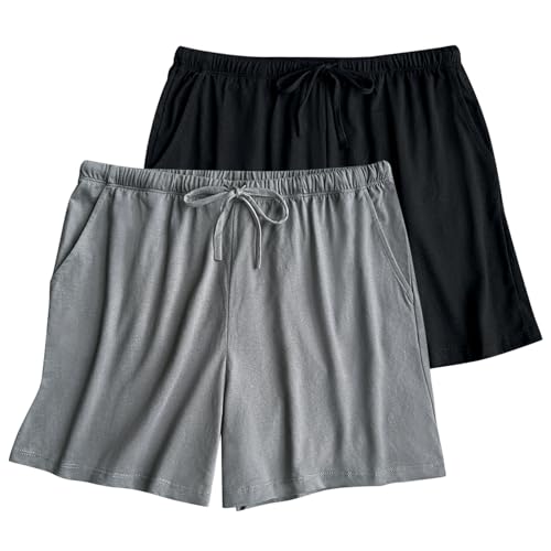 ENJOYNIGHT Pyjamahose Damen Kurz Schlafanzughose Baumwolle Schlafhose Sommer Schlafshorts mit Taschen und Kordelzug (X-Large,Schwarz+Grau) von ENJOYNIGHT