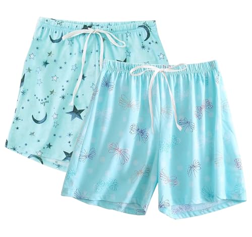 ENJOYNIGHT Pyjamahose Damen Kurz Schlafanzughose Baumwolle Schlafhose Sommer Schlafshorts mit Taschen und Kordelzug (X-Large,Blau-Stern+Blau-Schmetterling) von ENJOYNIGHT