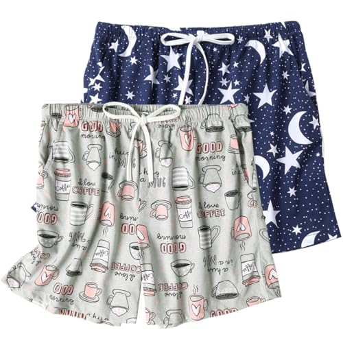 ENJOYNIGHT Pyjamahose Damen Kurz Schlafanzughose Baumwolle Schlafhose Sommer Schlafshorts mit Taschen und Kordelzug (Large,Dunkelblau-stern+Graue-tasse) von ENJOYNIGHT
