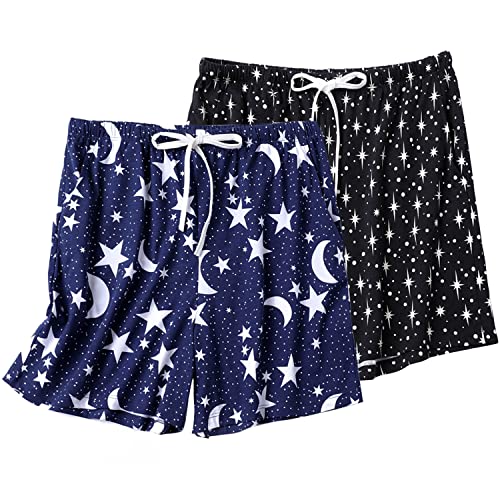 ENJOYNIGHT Pyjamahose Damen Kurz Schlafanzughose Baumwolle Schlafhose Sommer Schlafshorts mit Taschen und Kordelzug (Medium,Dunkelblau-Stern+Schwarz-Stern) von ENJOYNIGHT