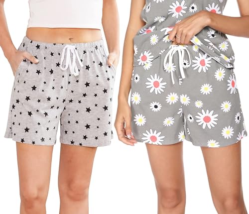 ENJOYNIGHT Pyjamahose Damen Kurz Schlafanzughose Baumwolle Schlafhose Sommer Schlafshorts mit Taschen und Kordelzug (X-Large,Grau-Stern+Grau-Blume) von ENJOYNIGHT