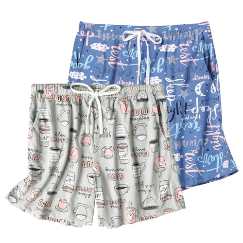 ENJOYNIGHT Pyjamahose Damen Kurz Schlafanzughose Baumwolle Schlafhose Sommer Schlafshorts mit Taschen und Kordelzug (X-Large,Graue Tasse + Blau) von ENJOYNIGHT