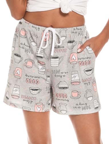 ENJOYNIGHT Pyjamahose Damen Kurz Schlafanzughose Baumwolle Schlafhose Sommer Schlafshorts mit Taschen und Kordelzug (Large,Graue Tasse) von ENJOYNIGHT