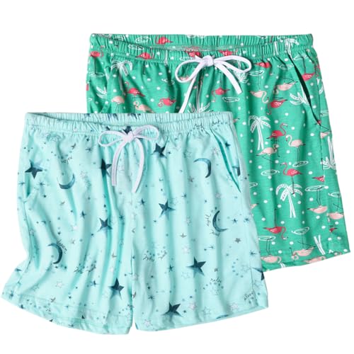 ENJOYNIGHT Pyjamahose Damen Kurz Schlafanzughose Baumwolle Schlafhose Sommer Schlafshorts mit Taschen und Kordelzug (Medium,Grün-Flamingo+Blau-Stern) von ENJOYNIGHT
